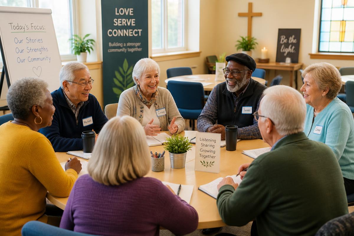 Diverse group of older adults in a community workshop discussion