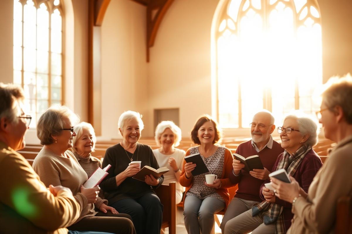 A diverse group of older adults gathered in a church community