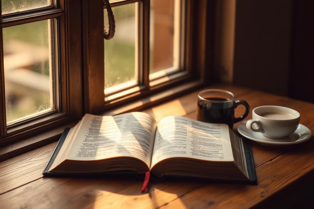 Open Bible on a wooden table in morning light