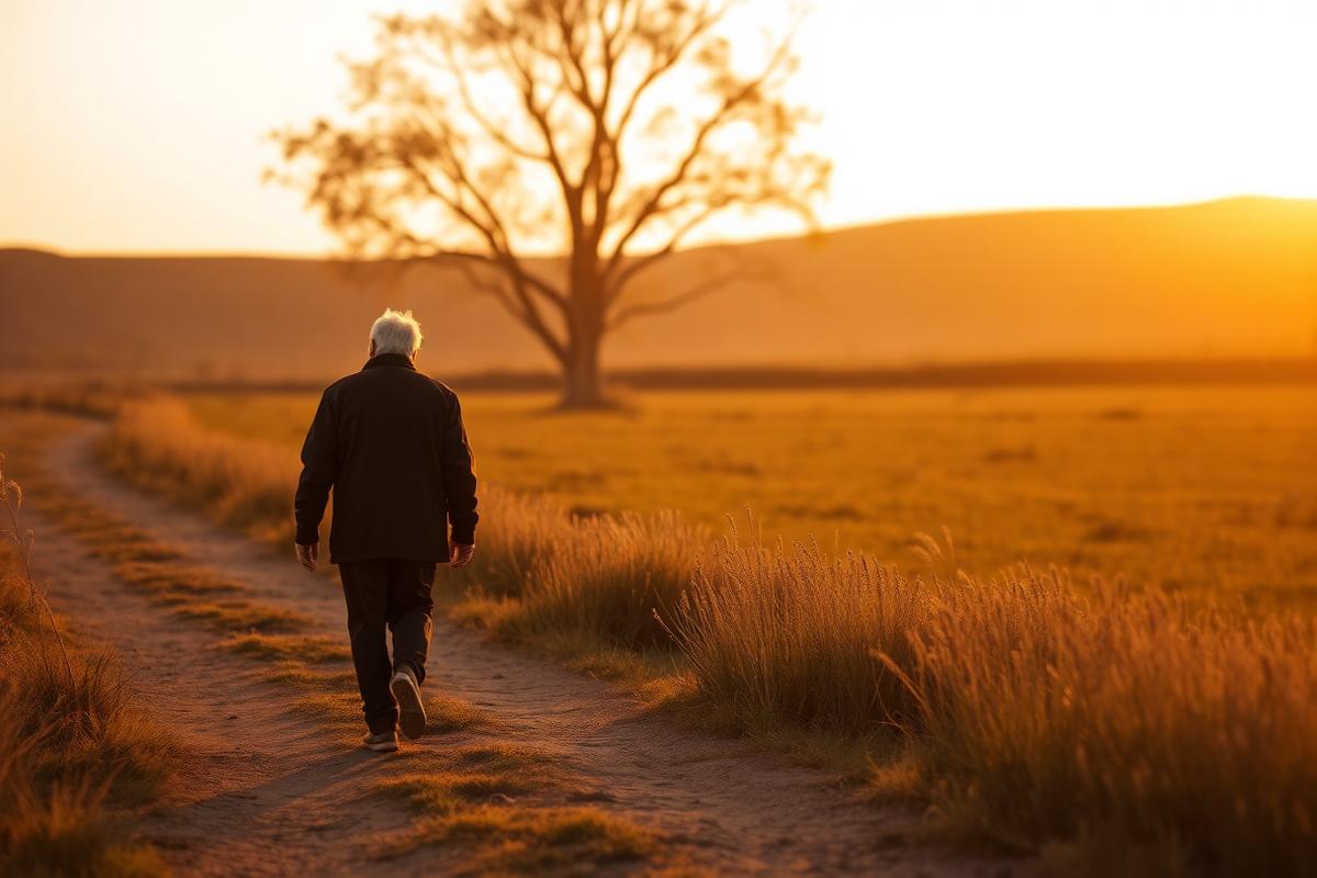 Older adult walking a sunrise path through open grassland